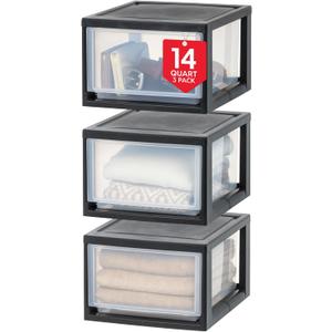 IRIS USA 14.5 Qt. Plastic Drawer Storage Organizer Stacking Drawers, 3-Pack, Stackable Unit with Sliding Drawer for Clothes Bedroom Kitchen Under Sink Pantry Craft Room Bathroom Dorm Office, Black