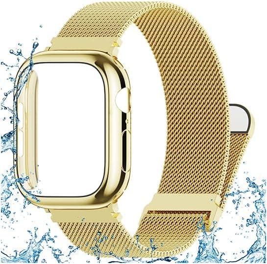 Vigamen Waterproof Metal Magnetic Bands with Case Compatible for Apple Watch Band 42mm, Breathable Stainless Steel Milanese Loop Women Men Replacement Strap for iWatch Series 10 11, Gold