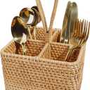 Natural Wicker Utensil Caddy with Built-in HandlesWicker Silverware Caddy with 4 CompartmentsSpoon Cutlery Holder Utensils OrganizerCondiment Organizer Silverware Holder(7.09 * 5.12 inch)