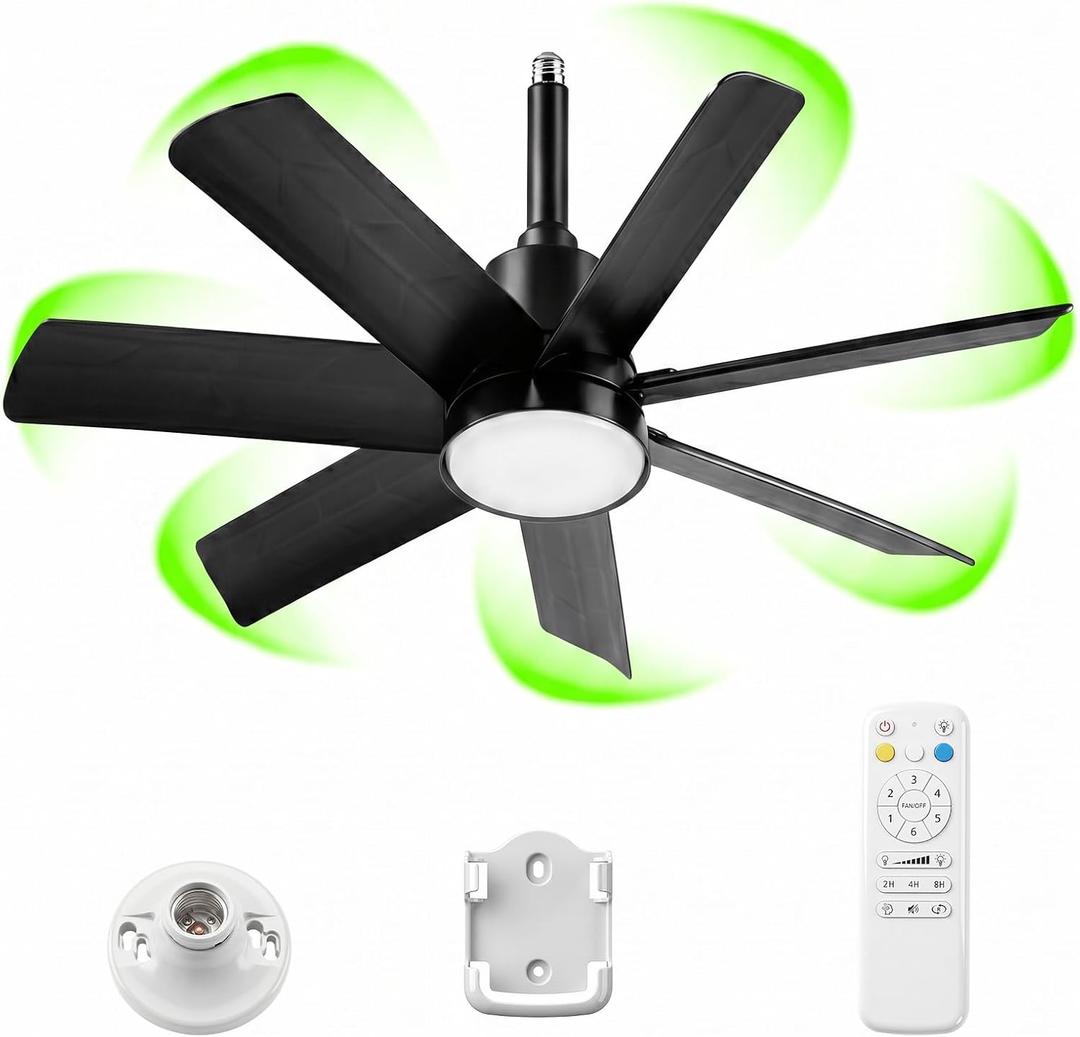 28 Inch Socket Fan Light with Remote Control, Screw in E26/E27 Ceiling Fan with LED Light, 3000-6000K Dimmable Color Temp, 6 Speeds, Timer, for Bedroom Kitchen Living Room Garage, Black, Medium
