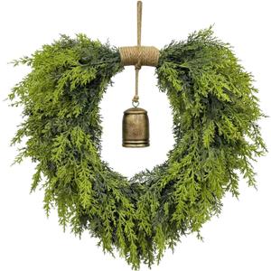 20" Heart-Shaped Wreath for Front Door Faux Greenery with Rustic Bell Waterproof & Fade-Resistant Christmas Decor for Porch, Holiday Wall or Indoor Use
