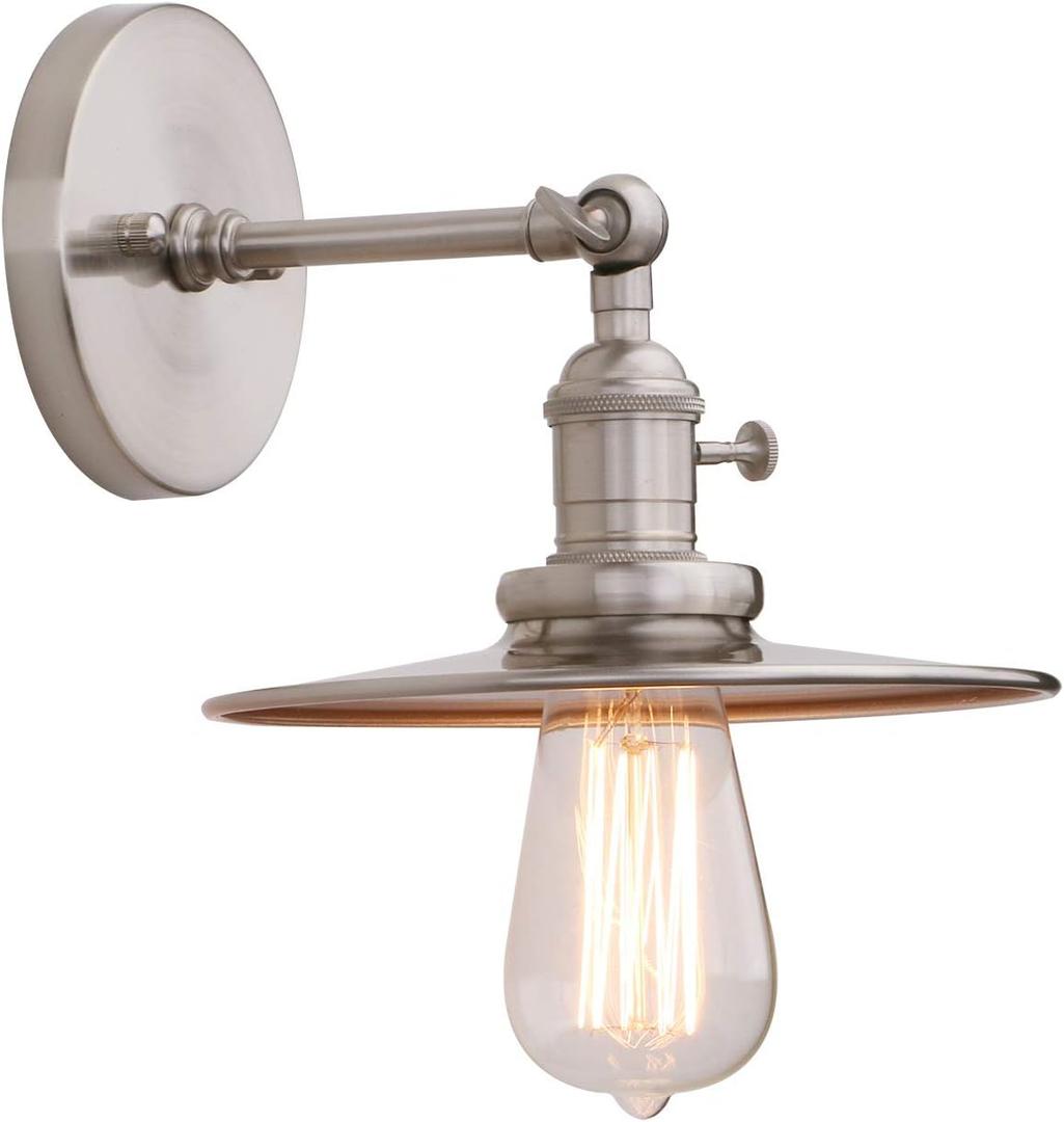Phansthy Vintage Industrial Sconces Wall Lighting, 1-Light Wall Sconce with Switch and 7.9" Metal Shade, 180 Degree Adjustable Wall Lamp for Bedroom Living Room Kitchen (Brushed)