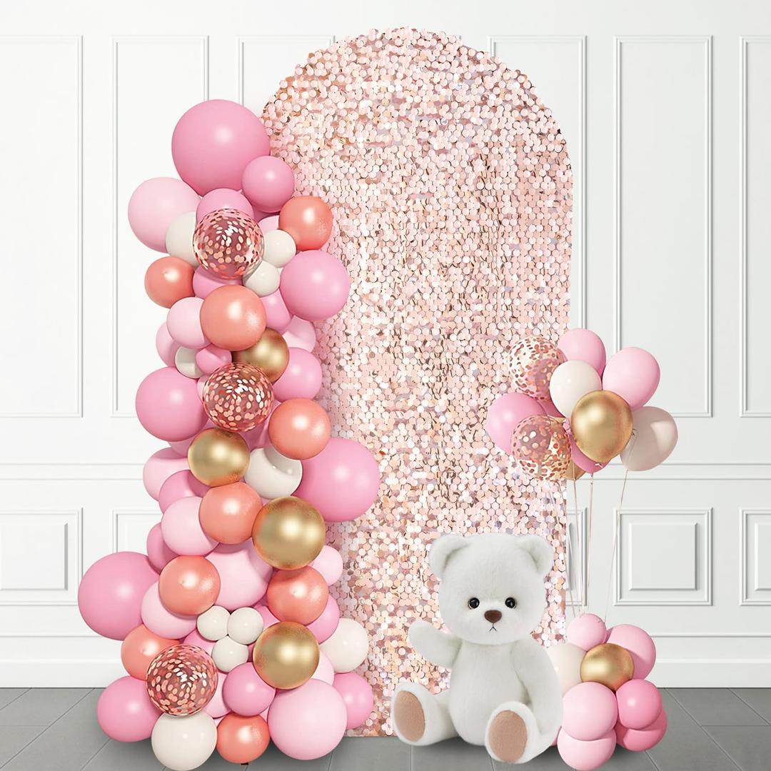SaitiMade 7.2 FT Bling Arch Backdrop Cover, Rose Gold Sequin Wedding Arch Stand Cover, Round Top Fitted Chiara Backdrop Cover for Birthday Party Ceremony Baby Shower Banquet Decoration