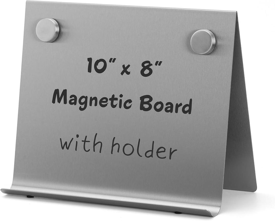 Magnetic Bulletin Board with Stand – Small Dry Erase Memo Board – Tabletop Metal Easel for Magnet Display – 10x8 Inches + 2 Magnets