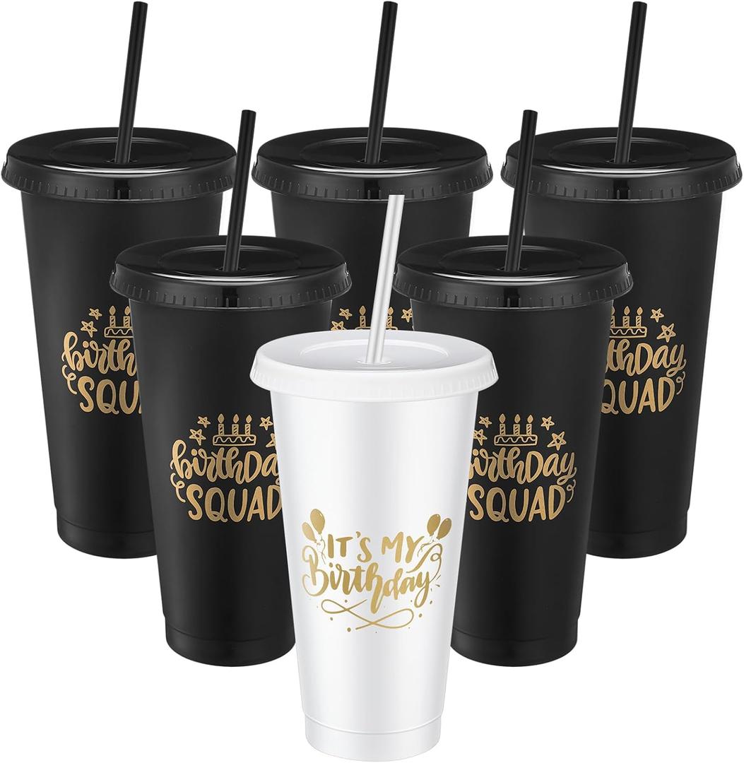 Birthday Party Tumblers 24 oz Squad Plastic Tumblers with Lid and Straw for 20th 30th 40th 50th 60th Birthday Decorations Favor for Women Adults(White, Black,6 Pcs)
