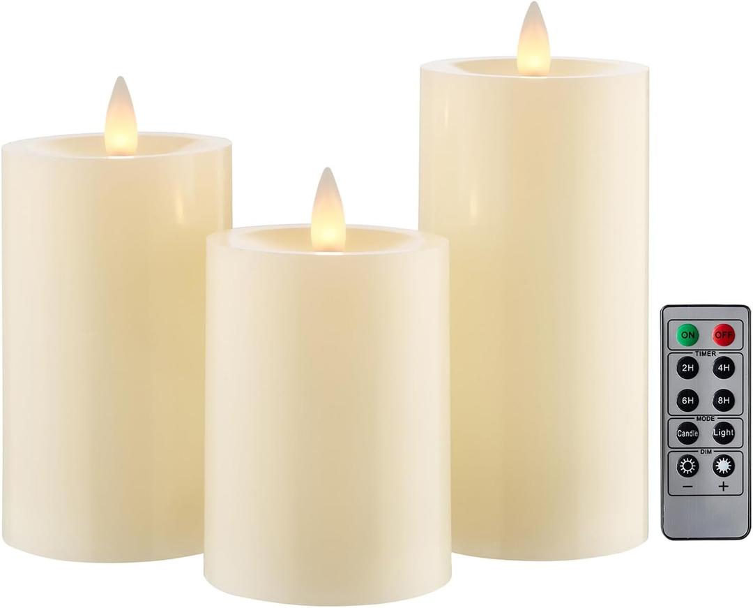 Flameless Pillar Candles Flickering with Remote Timer, Battery Operated LED Candles Up to 400 Hours, 3D Moving Flame Real Wax Candles, Set of 3, D3 x H4, 5", 6",Remote Included(Ivory)