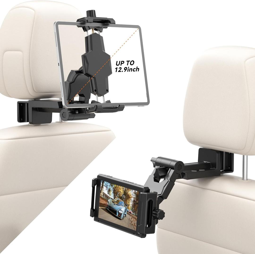 KDD Car Headrest Tablet Holder Mount, 360Adjustable iPad Stand for Car Back Seat and Desk, Road Travel Essentials Accessory Compatible with iPad Pro,Air, Switch, Galaxy, 4.7-12.9" Phone and Tablet