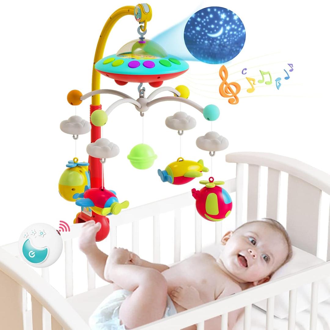 Eners Baby Crib Mobile with Music and Lights, Mobile for Crib with Remote Control, Rotation, Moon and Star Projection, Baby Crib Toys for Boys Girls (Red)