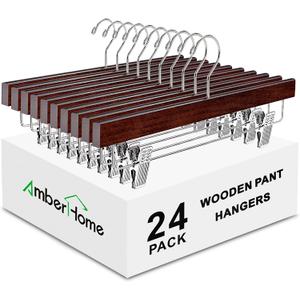 Amber Home 24 Pack Walnut Wooden Pants Hangers with Clips, 14" Wood Skirt & Trousers Hangers, Closet Hangers for Jeans, Slacks, Shorts, with 2-Adjustable Clips (Vintage, 24)