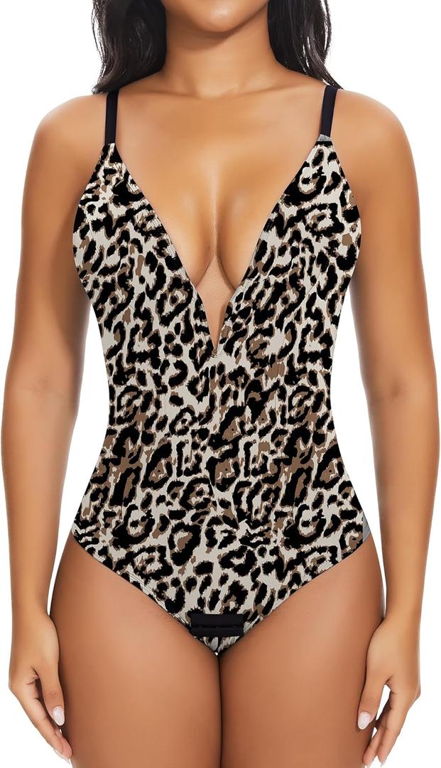 SHAPERIN Women's Deep V Neck Cami Bodysuit Plunge Double Layer Tummy Control Shapewear Thong Body Suits (Small,Leopard)