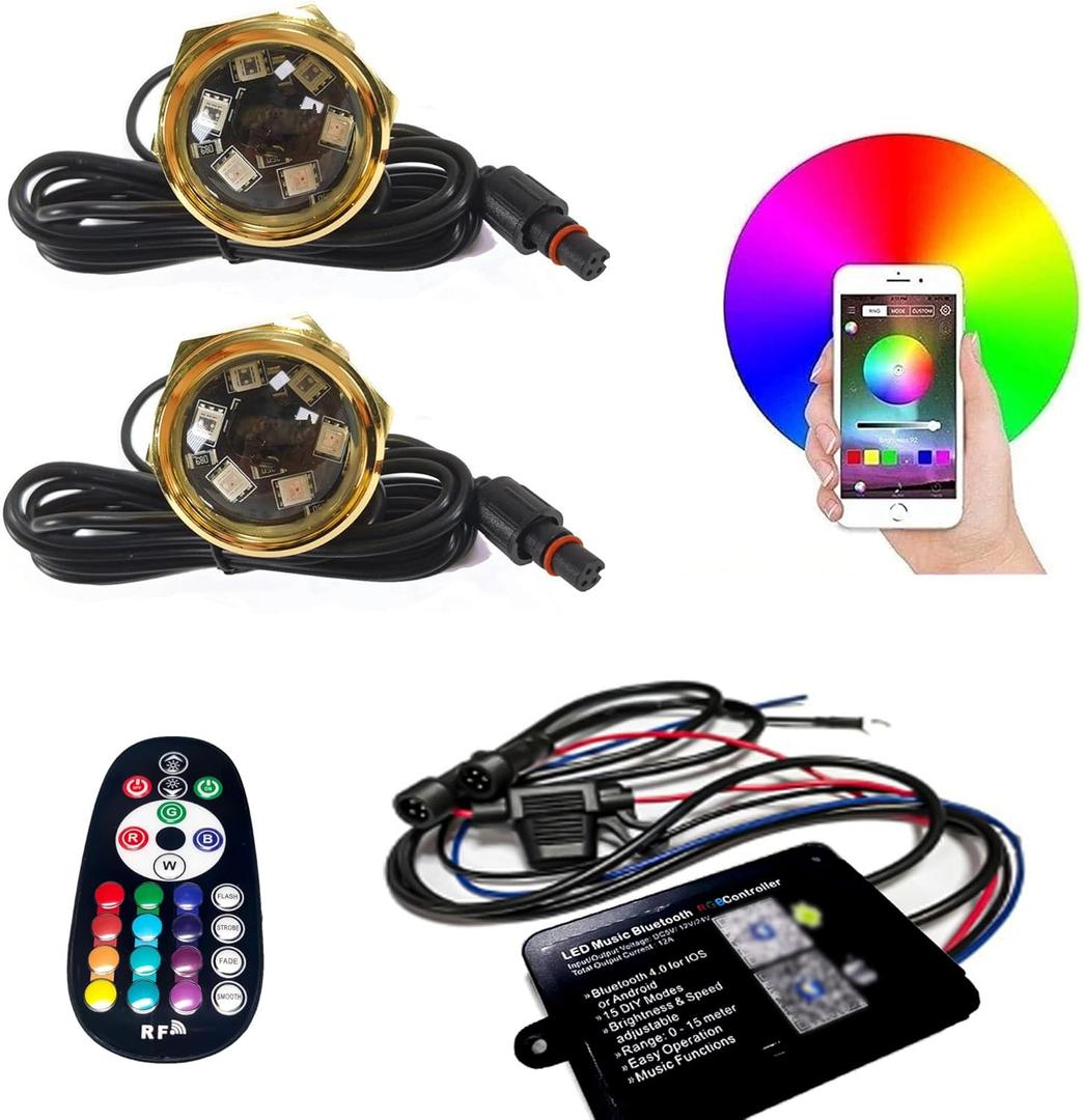 2PC RGB 1/2'' NPT Underwater Boat Drain Plug Light with APP IR Remote Control,Music Fuction Marine Boat Light Decoration Navigation Courtesy Light,No Wiring Required No Holes to Drill