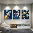 Pormipone Space Wall Art 3 Panel Canvas 16x24 inch Rocket Astronaut Planet, Size: 24"L x 16"W