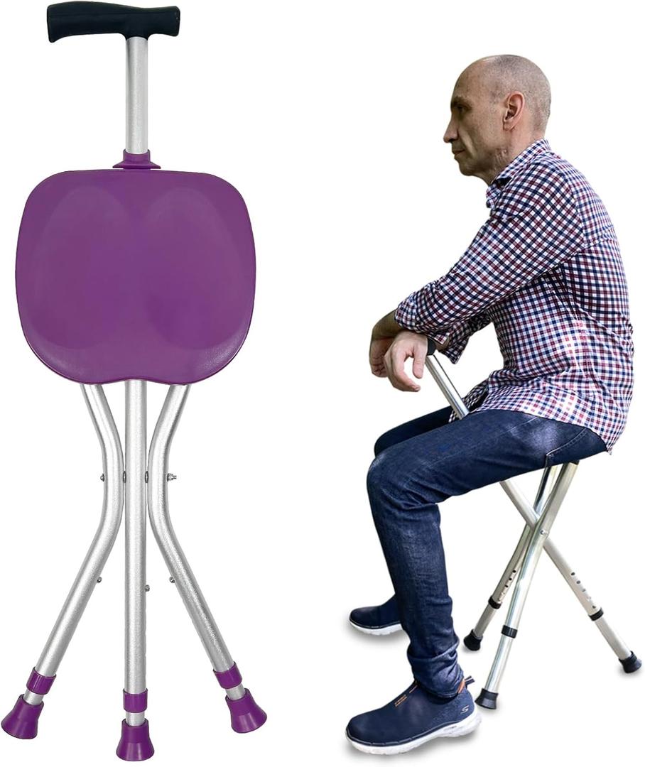 Portable Adjustable Folding Walking Cane with Seat Allows Durability While Walking and Convenience for Sitting, Alloy Crutch Chair, Anti-Slip Lightweight Walking Stick for Seniors