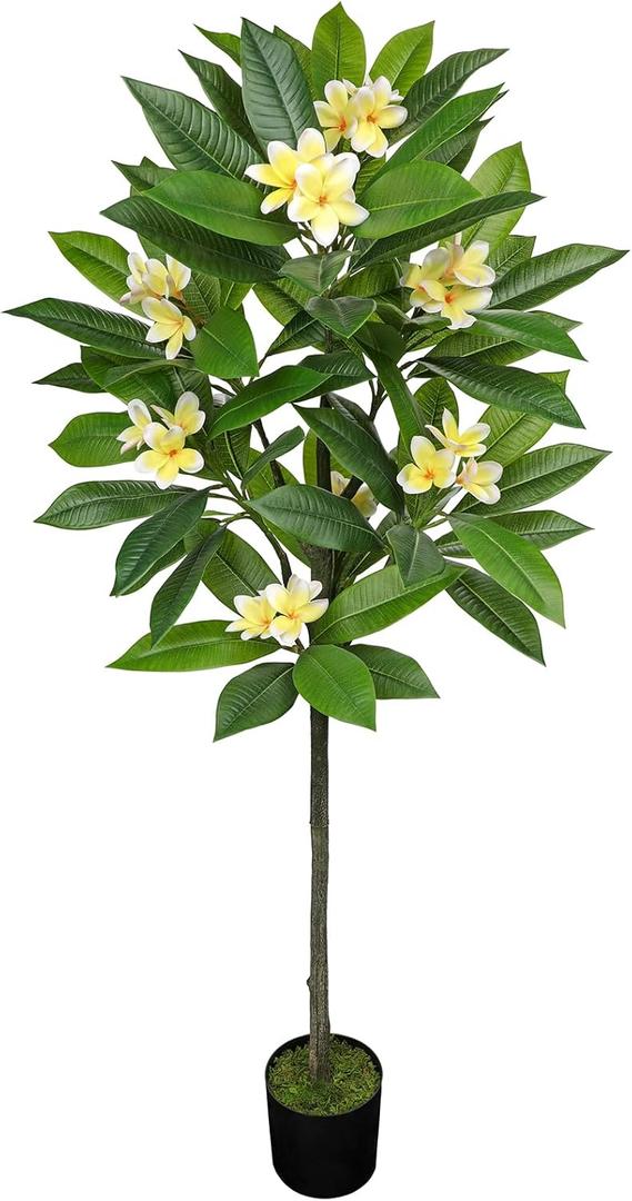 Briful Artificial Plants Indoor 5.09ft Fake Tropical Plumeria Flowers Tree in Black Pot Hawaiian Yellow Plumeria Faux Frangipani Tree Potted Floor Plant for Home Office Wedding Decor