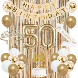 Trgowaul 50th Birthday Decorations for Women, Banner, Sash and Crown, Cake Topper, 50 Number Balloon, Fringe Curtains, Champagne Gold 50th Birthday Party Supplies