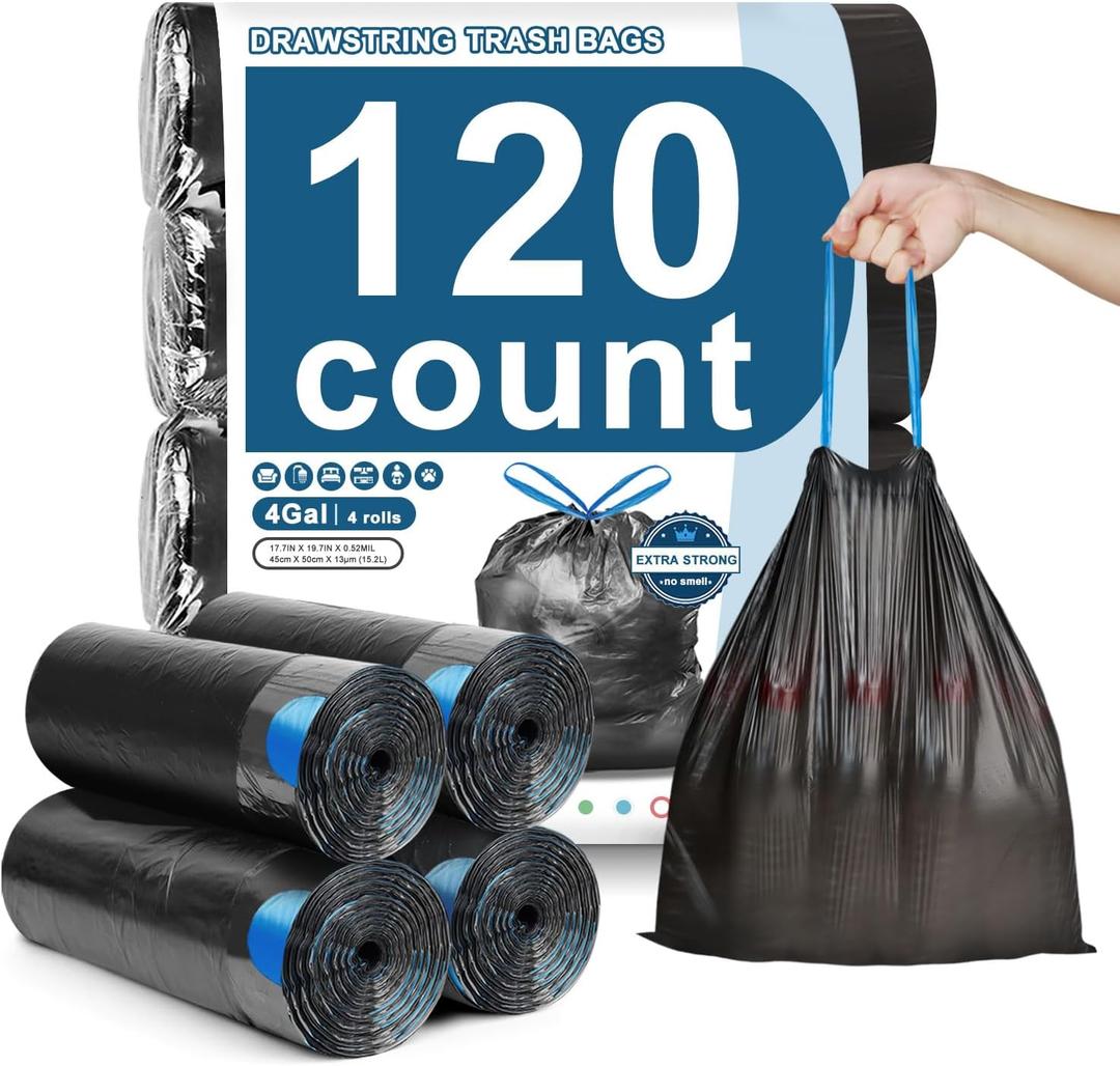 120 Count-4 Gallon Trash Bags Drawstring, Black Small Garbage Bags, JUKFITA Unscented Trash Can Liners, Strong Wastebasket Liner for Bathroom Toilet Office Bedroom