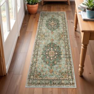 Washable Oriental Hallway Runner Rug - 2x6 Rugs for Living Room Soft Carpet for Bedroom Kitchen Waterproof Floral Distressed Indoor Stain Resistant Non-Shedding Floor Carpets (Green, 2X6)