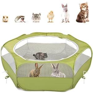 Pawaboo Small Animals Playpen, Waterproof Small Pet Cage Tent with Zippered Cover, Portable Outdoor Yard Fence with 3 Metal Rod for Chick/Kitten/Puppy/Guinea Pig/Rabbits/Hamster/Chinchillas,Green