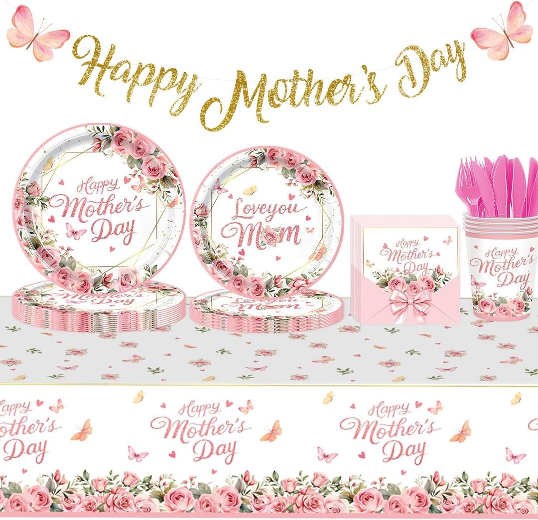 Happy Mothers Day Decorations Plates Set for Party - Serves 24, Includes Happy Mothers Day Banner, 2 Mothers Day Tablecloths, Pink Floral Plates, Napkins, Cups Table Decor Sign for Mom