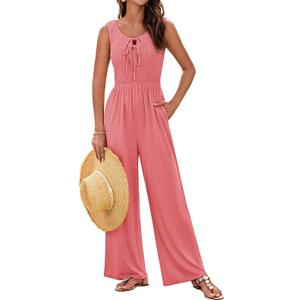GRACE KARIN Jumpsuits for Women Bow Tie Front Overalls Smocked Tops Wide Legs Casual Knitted Outfits with Pockets (Large, salmon)