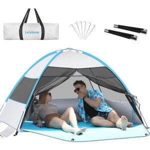 Large 3-4 Person Beach Tent - UPF 50+ Anti-UV, Easy Setup with Extended Floor & Mesh Windows, Portable for Camping Fishing (Silver Shelter)