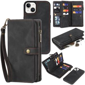 TwoHead Wallet Case Compatible with iPhone 15,Detachable Magnetic Phone Case,All-Round Protective Leather Phone Case with Card Holder,6.1,Black