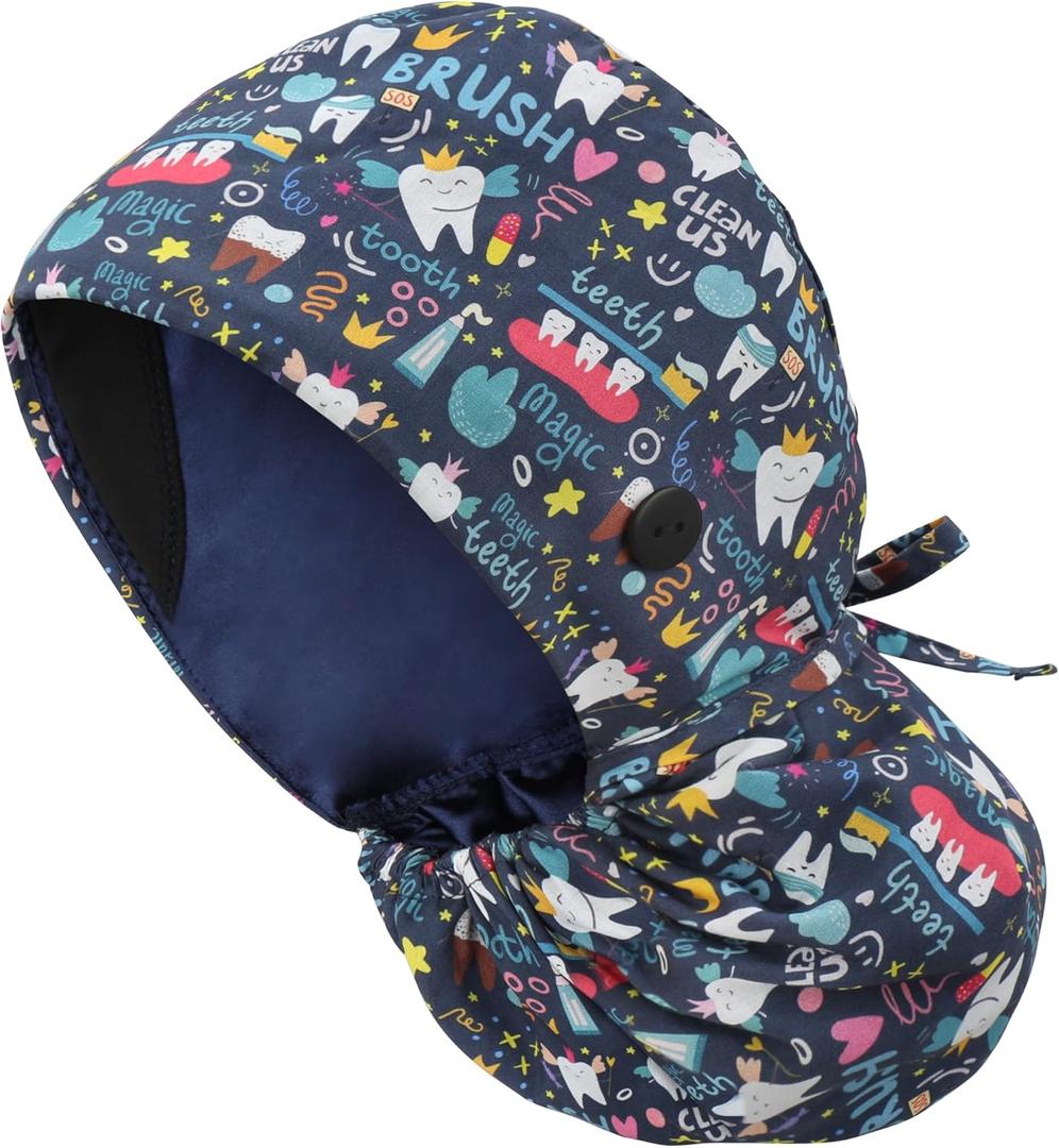 Adjustable Scrub Cap with Button, Satin-Lined Cotton Scrub Hat Sweatband, Elastic Working Hat Unisex, One Size (A-new Arrival Satin-lined Magic Teeth)