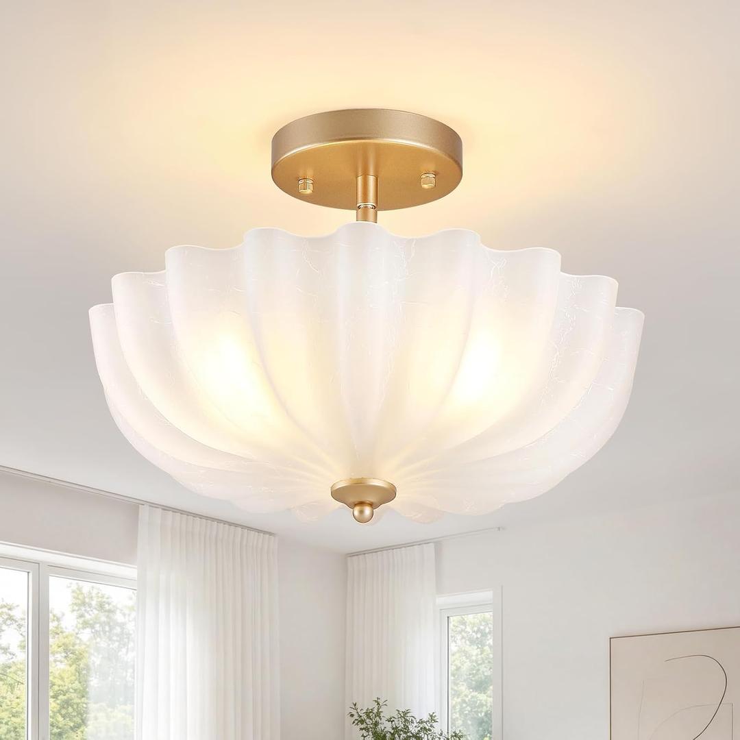 Kitchen Lights Ceiling ,15.7"Semi Flush Mount Ceiling Light Fixture with Transparent White Crack Glass Flower Shade,3-Light Modern Light Ceiling Entryway Light Fixture for Bedroom Hallway Porch, 15.75 inches
