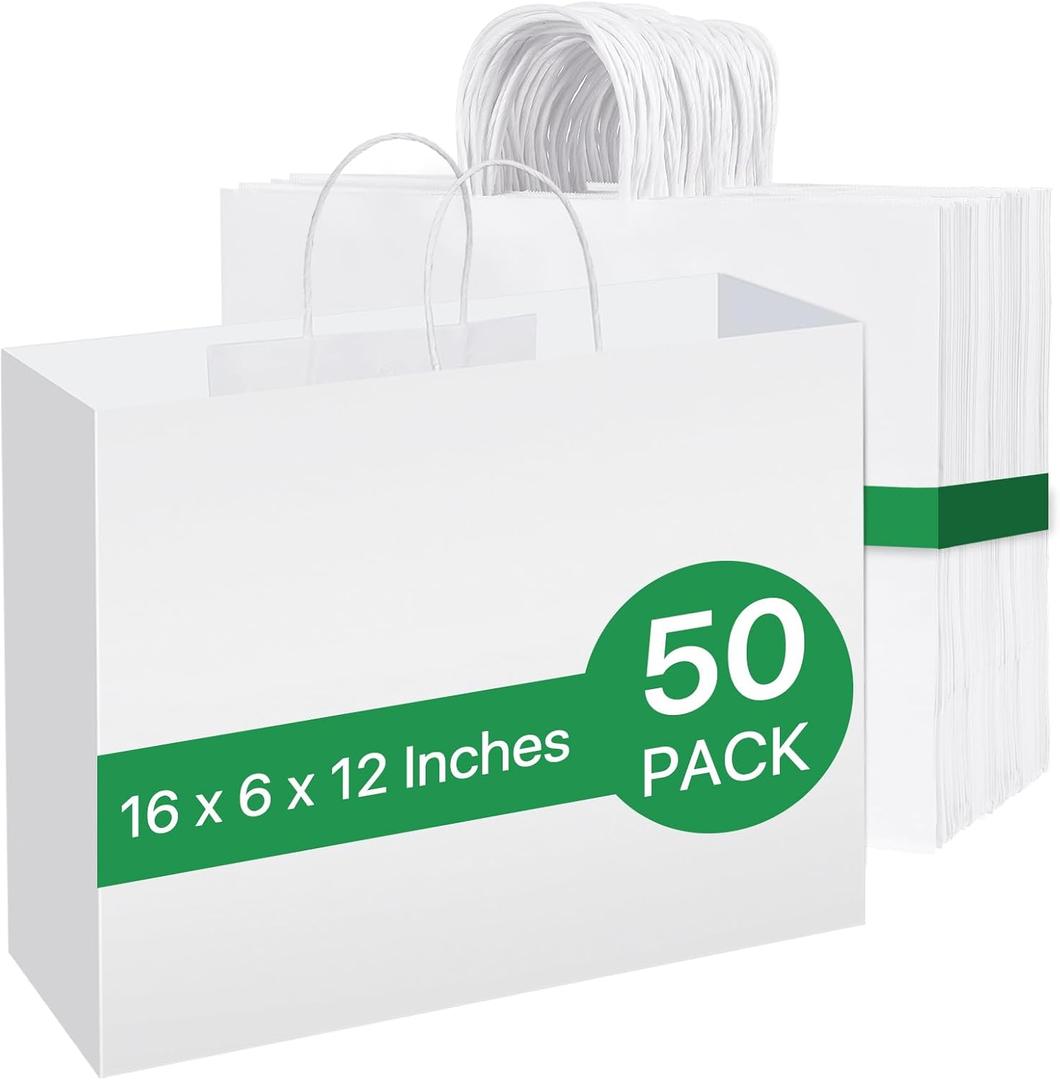 Johuivo White Paper Bags with Handles, 50 Pcs White Shopping Paper Bags, Recyclable Kraft Gift Bag and Retail Bag for Small Business, Grocery, Party Favors, 16x6x12 Inches