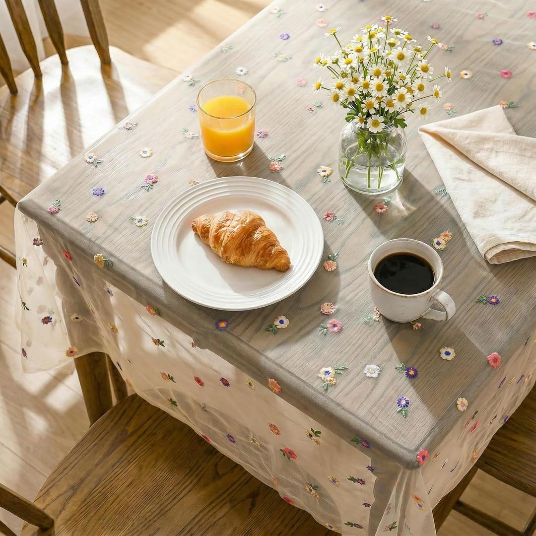 Horaldaily Champagne Embroidery Floral Spring Summer Gauze Tablecloth 60×84 Inch Rectangular, Wildflower Seasonal Tulle Table Cover, Garden Party Decor for Wedding, Party, Holiday Dining
