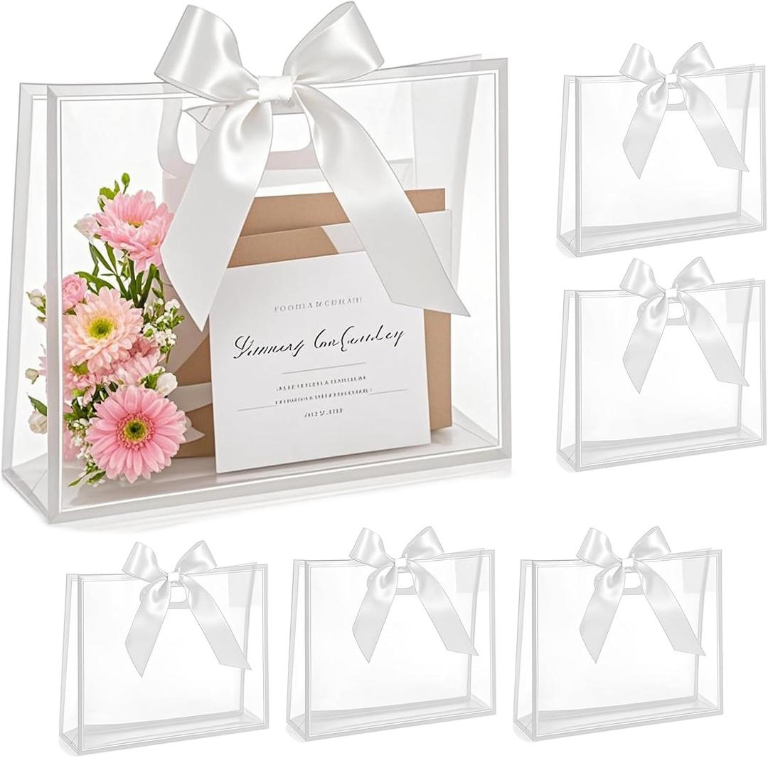 ZJHiome 8pcs Large Clear Gift Bags with Handles,Reusable PVC Gift Bag with Ribbon Bow for Graduation Christmas Easter Wedding Baby Shower Birthday Party Small Business (White)
