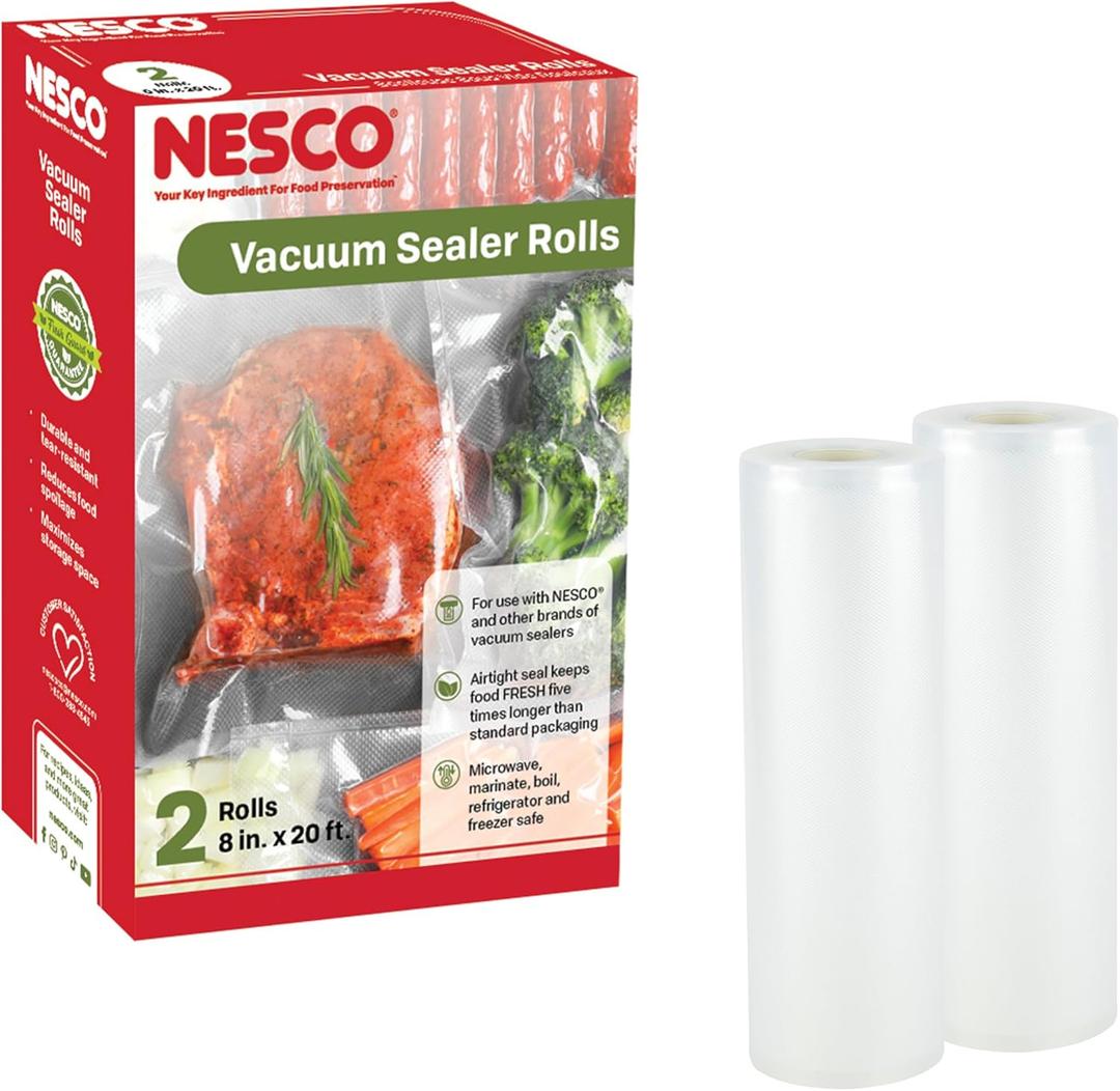 NESCO VS-03R Vacuum Sealer Bags for Home Food Storage, Liquid‑Friendly Bags Safe for Microwave and Sous‑Vide Cookin 8" x 20'