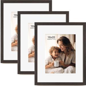 16x20 Picture Frame with Mat for 11x14 Set of 3, Black Wood Grain 16x20 Frames for Horizontal & Vertical Wall Mounting (3 Pack,Black)