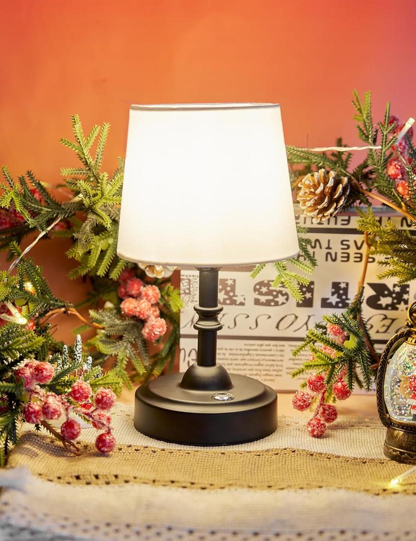 Cordless Table Lamp, 4000mAh Rechargeable Battery Operated Lamp, 3-Level Brightness Touch Small Lamps for Bedroom Living Room Bedside Bathroom Ambient Lighting Desk Lamp Cute Home Decoration(Black) (black base&white shade)