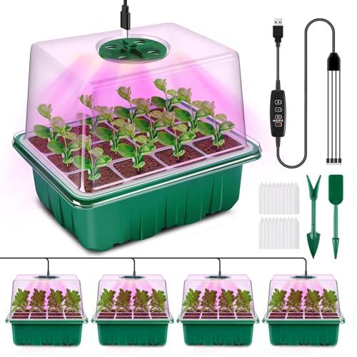 YAUNGEL Seed Starter Tray with Grow Light, 4 Pack Seed Starter Kit with Timing Controller Adjustable Brightness, Thicken Seedling Starter Trays with Humidity Domes Heightened Lids, Gift Box