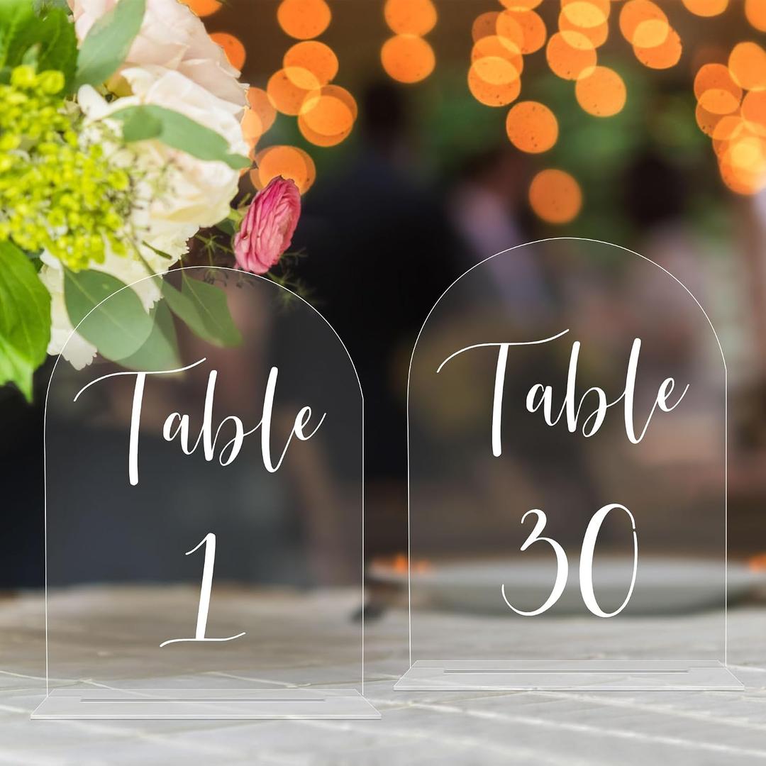 JOYIT Arch Wedding Table Numbers 1-30 with Stands 5" X 7" Acrylic Table Signs with Clear Background White Text, Perfect Acrylic Table Numbers for Wedding Receptions, Parties, Anniversaries, and Events