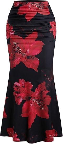 Women's Floral Print Maxi Skirt Ruffle Hem Ruched Fishtail Bodycon Long Skirts Vacation Going Out Outfits XL