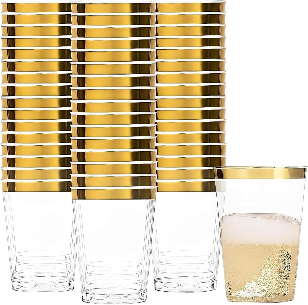 Bluesky Elegant Gold Rim Plastic Tumblers - 8oz Crystal Clear Plastic Cups (50 Count) Disposable Clear Cups For Wine & Cold Beverages | Perfect Elegant Cocktail Cups for Weddings & Parties (EXP 11/30/26)