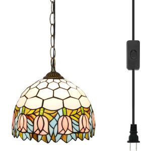 Pink Tulips Tiffany Pendant Light Fixtures 12inch Stained Glass Pendant Lighting Vintage Style Hanging Lamp for Home Decor Kitchen Island Dining Room Hallway Bar