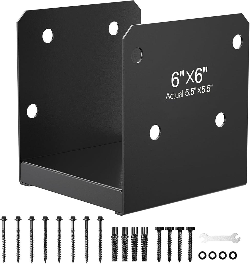 FMhotu 6x6 Stainless Steel Post Base,Internal 5.5 x 5.5 Anchor Bracket,Deck Concrete Support Anchor for Deck Railing, Fences, Mailboxes (1Pcs Black)