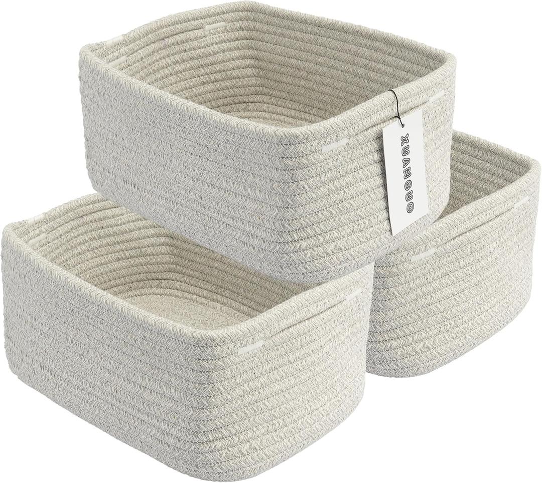 XUANGUO Small Woven Storage Baskets 12X8X5 Decorative Rope Bins for Organizing Shelves, Closets, and Toys, Empty Gift Baskets, Cute Organizer Basket for Home and Office (grey, regular)