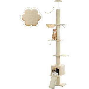 PEQULTI Cat Tree Floor to Ceiling, Tall Cat Tower, Adjustable Height (83''-108'') 5 Tiers Climbing Tree for Indoor Cats with Cat Condo, Scratching Post and Ladder, Beige