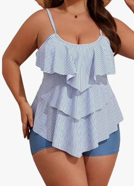 B2prity Women Plus Size Tankini Swimsuits Tummy Control Two Piece Bathing Suit Ruffled Flounce Swimwear with Shorts