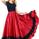 Dance Skirt for Women, Flamenco & Belly Dance Skirt, Long Satin Spanish Folk Costume, Halloween Costume, Red with Black