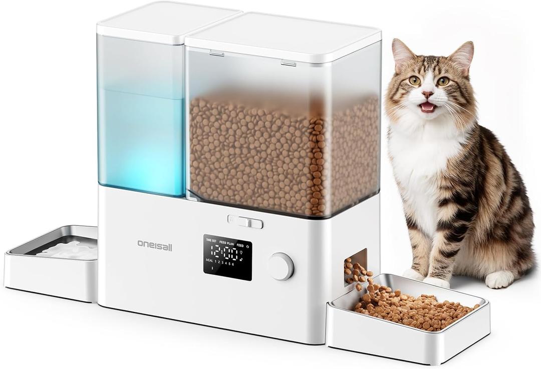 Oneisall Automatic Cat Feeder and Water Dispenser, Cat Food Dispenser 36Cups/8.5L, 2-in-1 Large Capacity 5L Cat Feeder and 3.5L Gravity Water Dispenser for Pets, Timed Cat Feeder for Dry Food