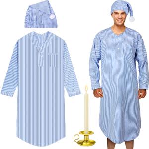 Toulite 4 Pcs Men's Pajama Set Includes Men's Nightshirt Night Sleeping Cap Candle Holder and Candle for Halloween Christmas(X-Large)