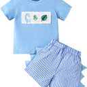 Toddler Baby Boy Clothes Dinosaur Embroidered Print Short Sleeve T-Shirt Elastic Striped Shorts Set 2 Piece Summer Outfits (Blue)