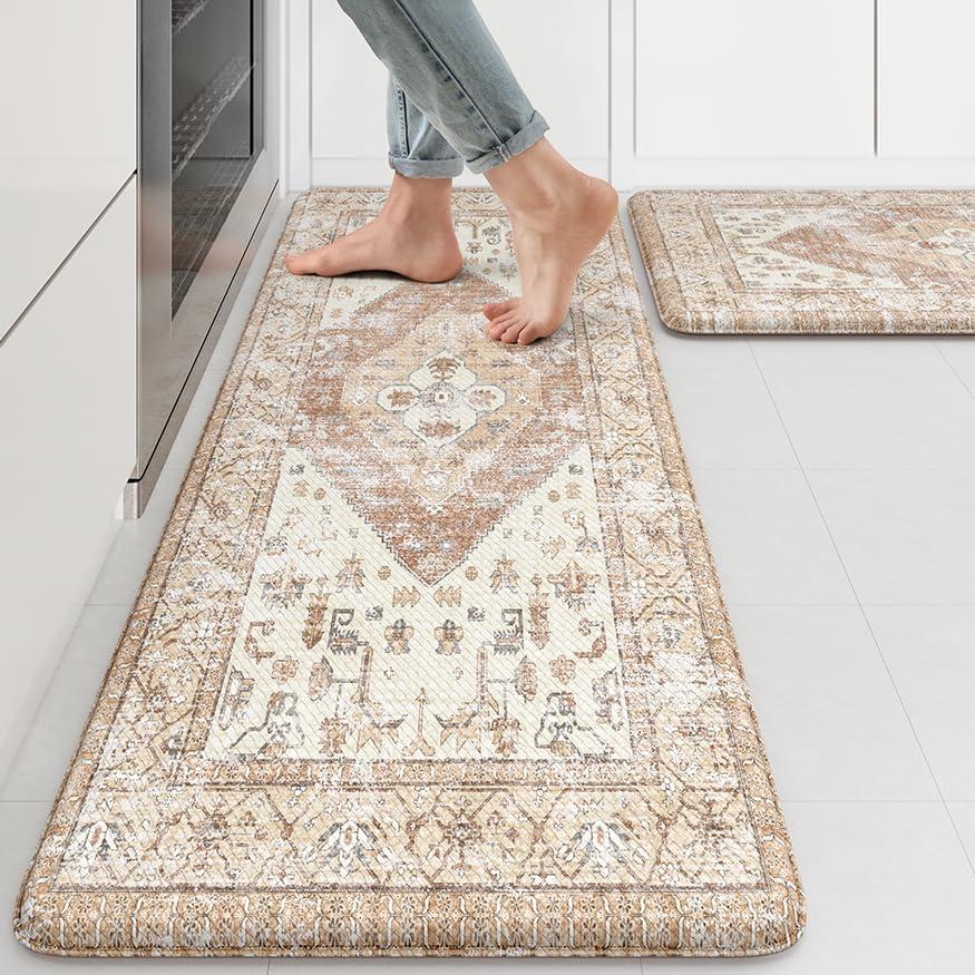 KIMODE Farmhouse Kitchen Mats,Anti Fatigue Kitchen Rugs Sets of 2, Non Slip Waterproof Kitchen Floor Mats, Ergonomic Cushioned Comfort Standing Mat for Laundry, Office, Sink,Desk,Mutil-Khaki (17.3" x 47 "+ 17.3" x 29 "--0.47 inches)