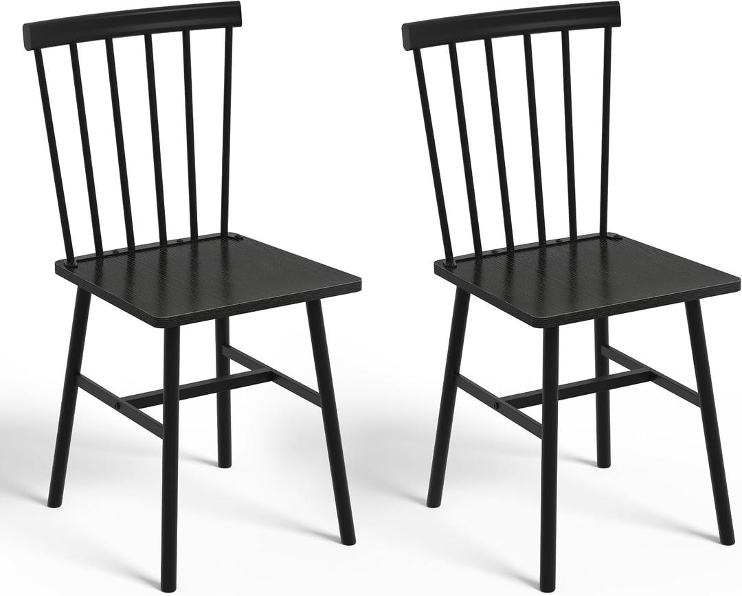 Black Windsor Dining Chairs Set of 2, Upgraded Modern Rustic Wood Chair | Farmhouse Dining Room Chairs for 2 with Thickened Metal Steel Frame for Kitchen, Dining Room, Restaurant, Cafe, Hotel