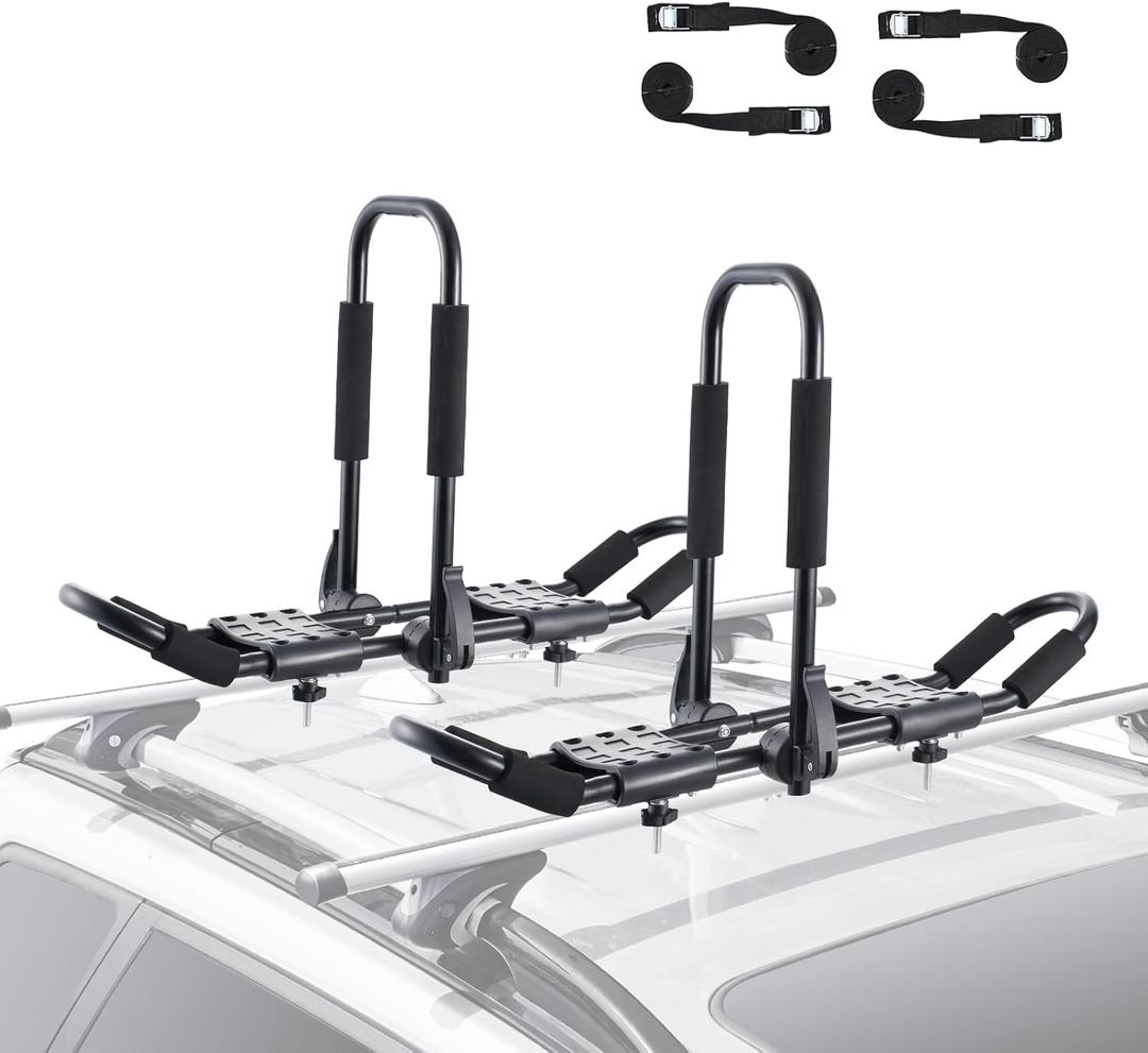VEVOR Kayak Roof Rack 1 Pair J-Bar, Folding Soft Roof Rack with 4 Pcs Tie Down Straps, Top Mount Tie Down, Carrier for Kayak Surf Board Canoe SUP Ski Board, Mount on Car SUV Truck 2 Kayaks Crossbar